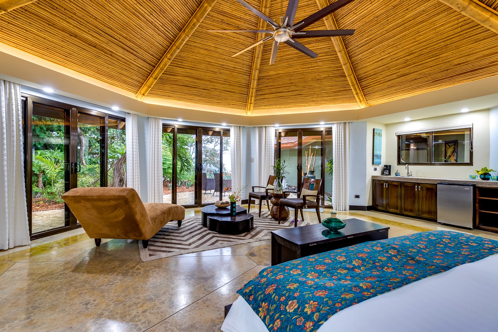 Villa Senda's open suite with a vaulted bamboo ceiling