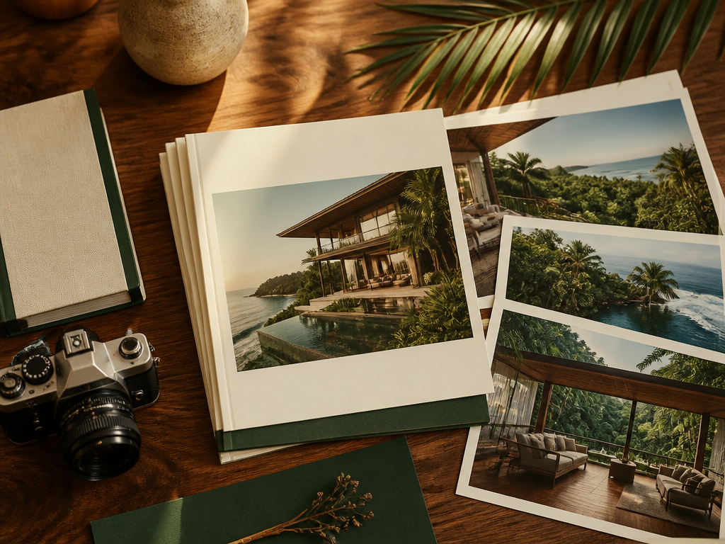 Printed VIVARA brochures and property photos ready for advisors to share